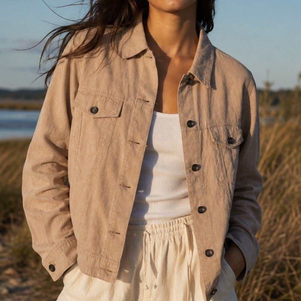 Jessica London Linen Utility Jacket 16 Tan Cropped Coastal Safari Lagenlook Boho